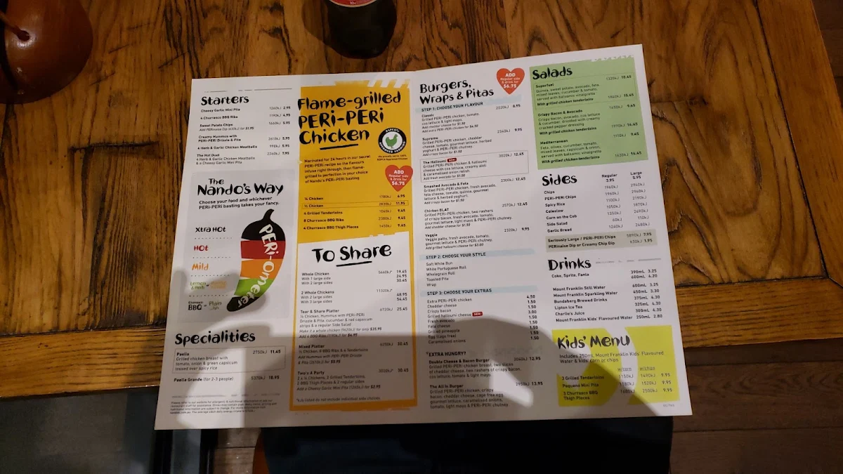 Menu, Nando's Epping Pacific