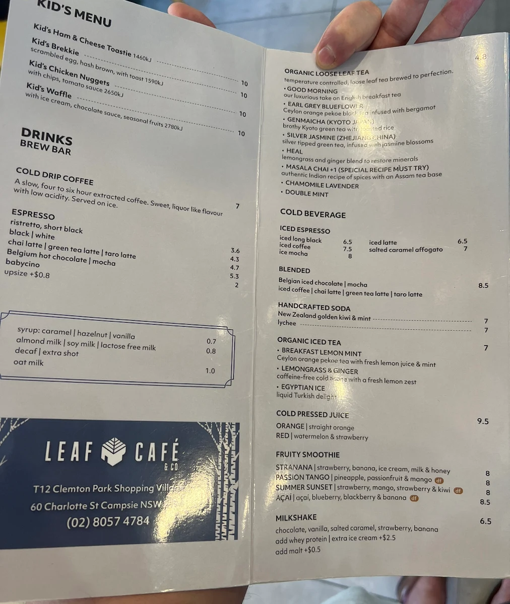 Menu, Leaf Café Clemton Park