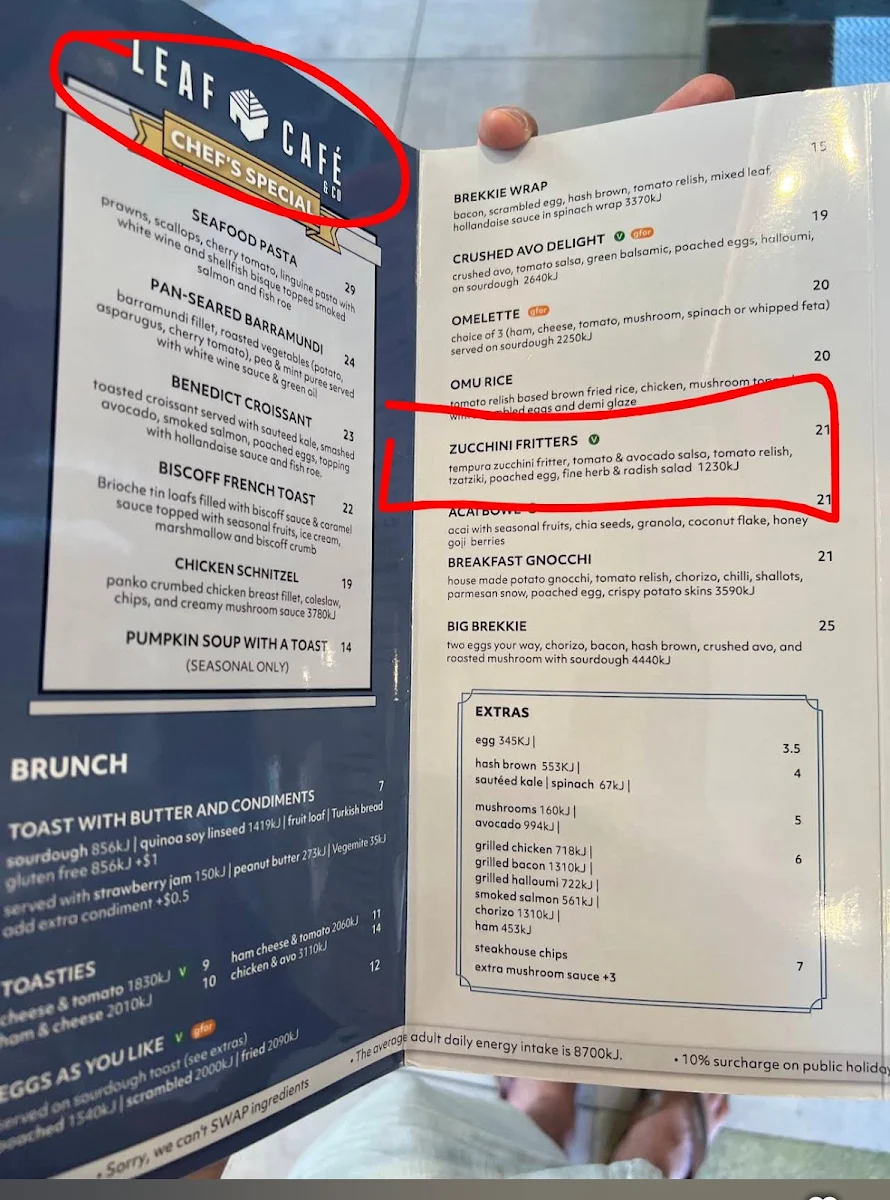 Menu, Leaf Café Clemton Park