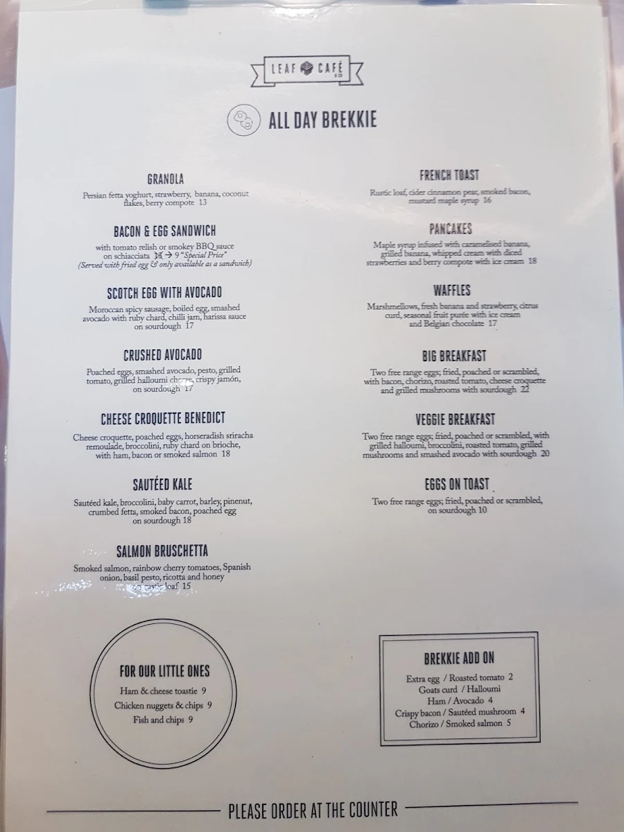 Menu, Leaf Café Clemton Park