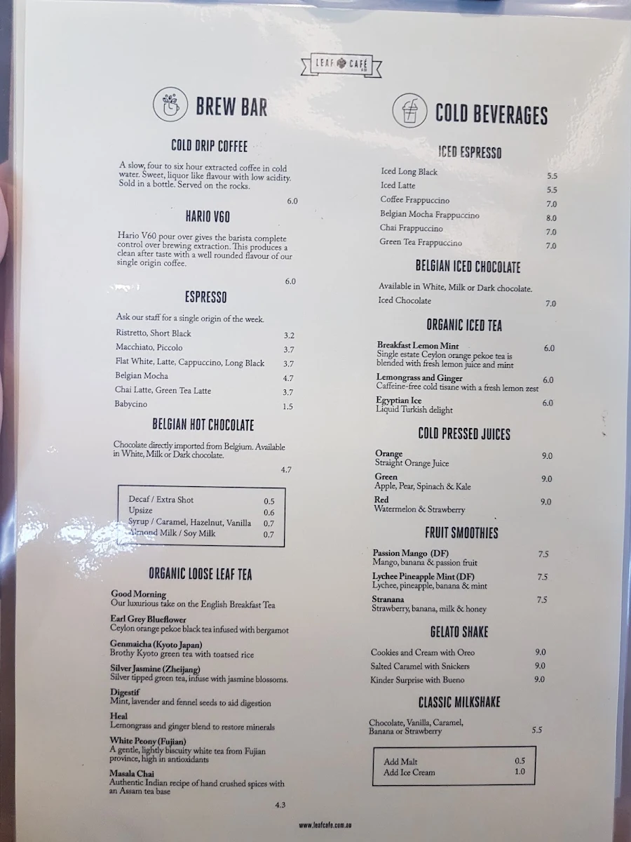 Menu, Leaf Café Clemton Park
