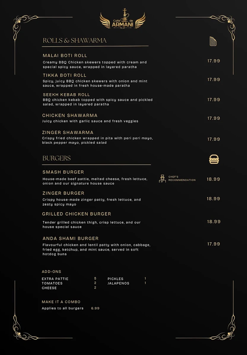 Menu, Cafe De Armani - Food & Shisha
