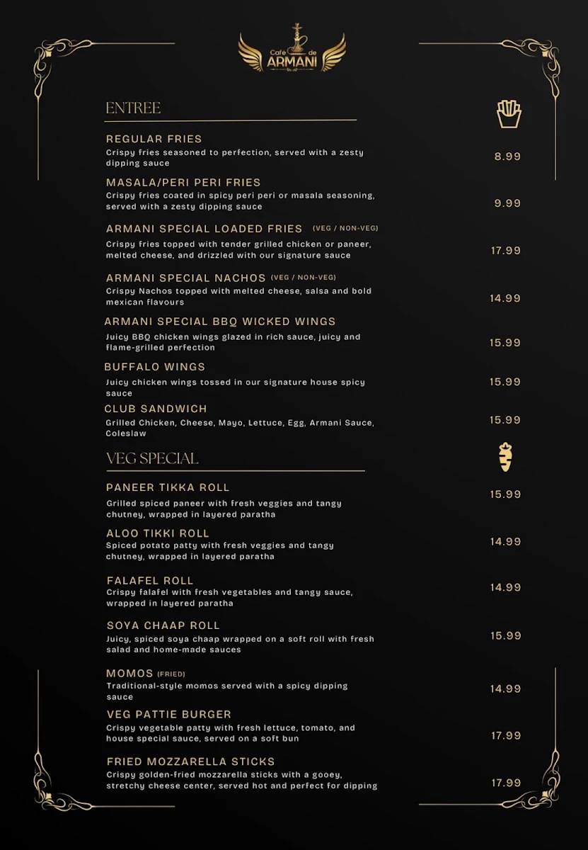 Menu, Cafe De Armani - Food & Shisha