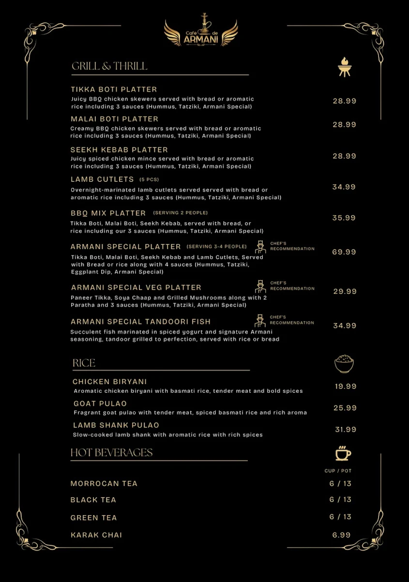 Menu, Cafe De Armani - Food & Shisha