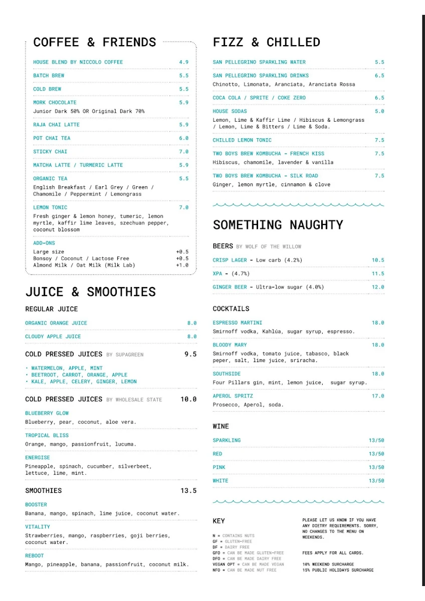 Menu, Plain Sailing Elwood