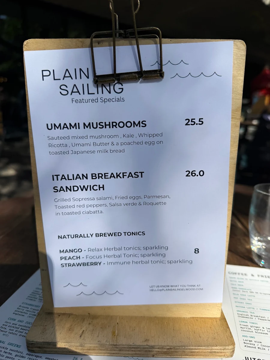 Menu, Plain Sailing Elwood