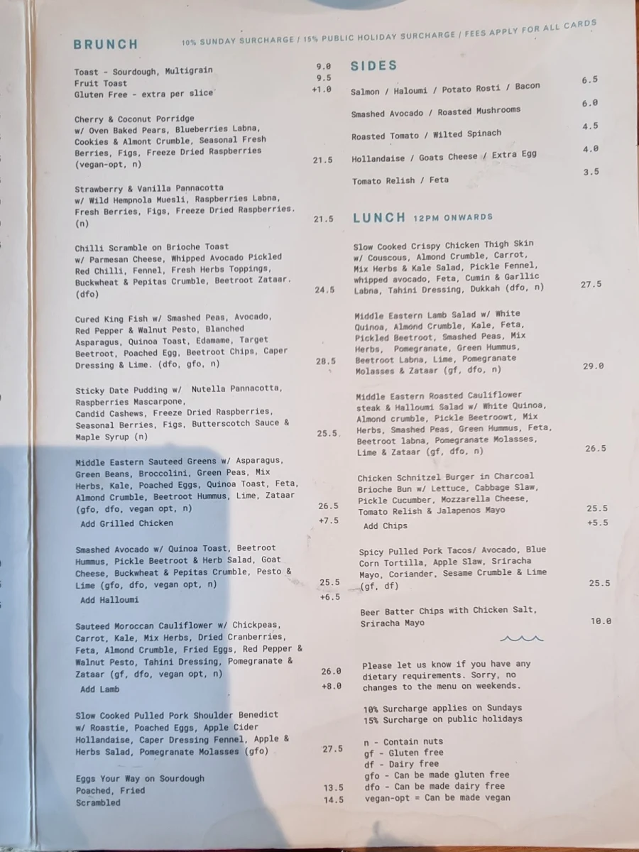 Menu, Plain Sailing Elwood