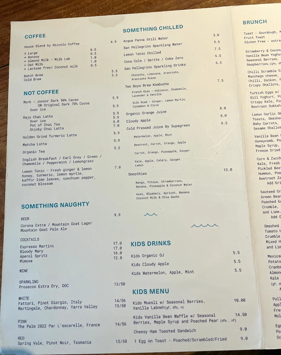 Menu, Plain Sailing Elwood