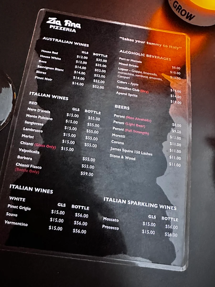 Menu, Zia Pina Pizzeria Restaurant
