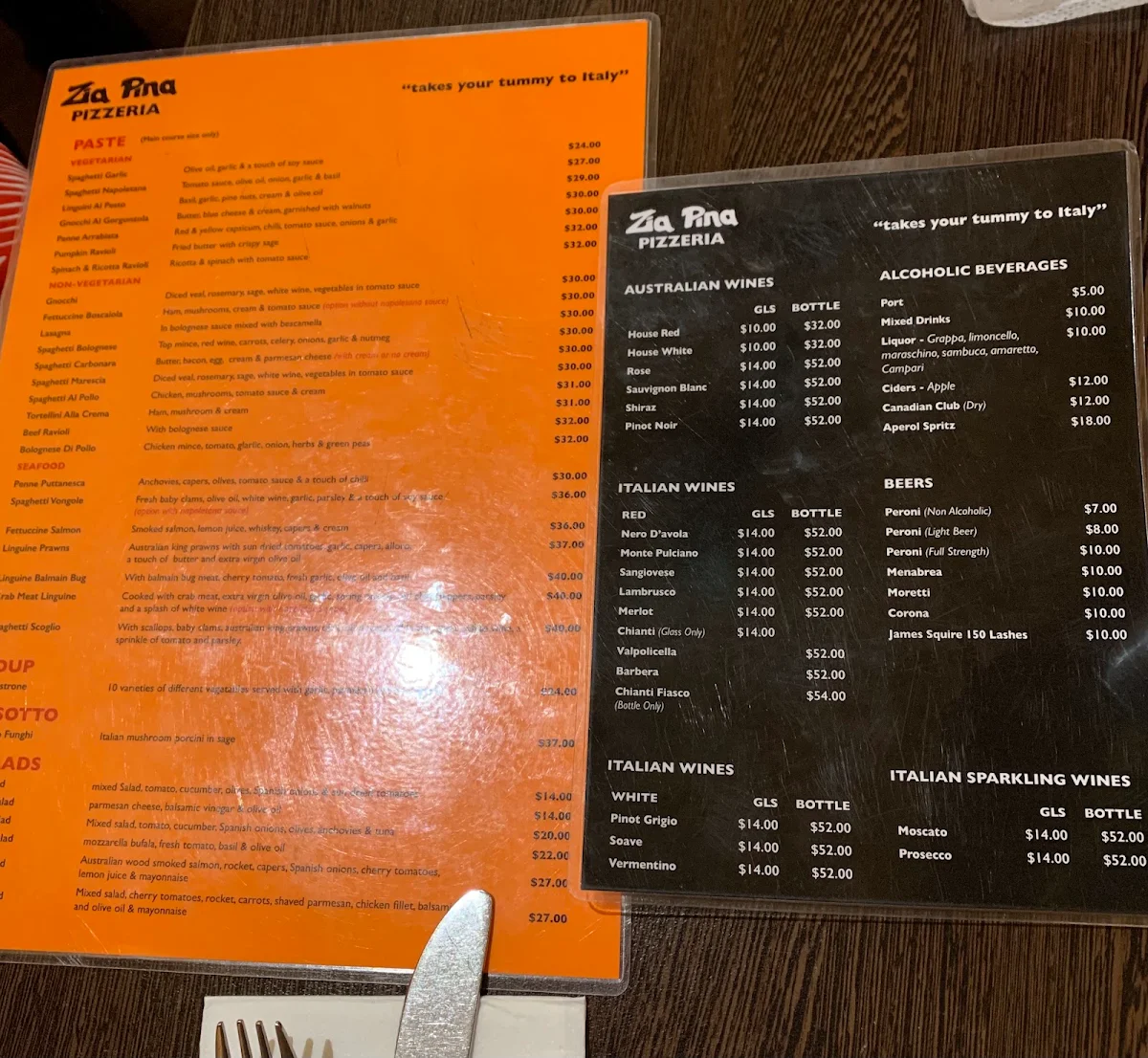 Menu, Zia Pina Pizzeria Restaurant