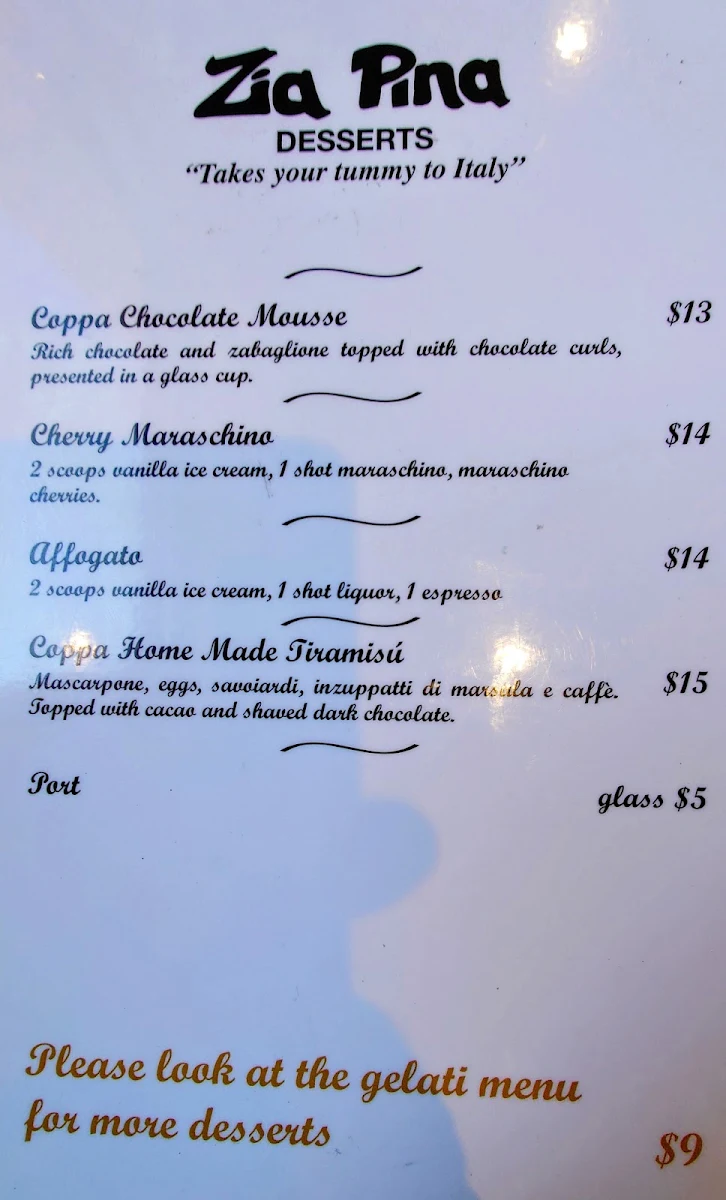 Menu, Zia Pina Pizzeria Restaurant