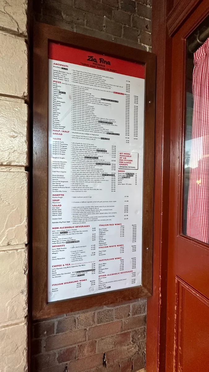 Menu, Zia Pina Pizzeria Restaurant