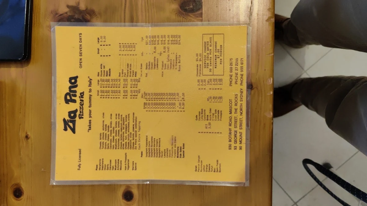 Menu, Zia Pina Pizzeria Restaurant