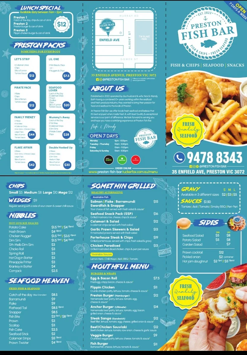 Menu, Preston Fish Bar