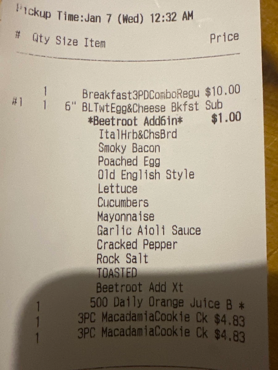 Menu, Subway
