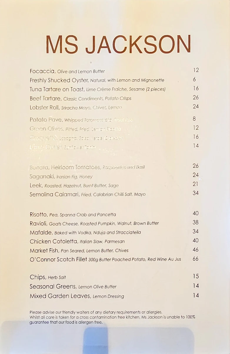 Menu, Ms Jackson Restaurant & Bar