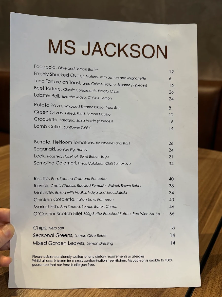 Menu, Ms Jackson Restaurant & Bar