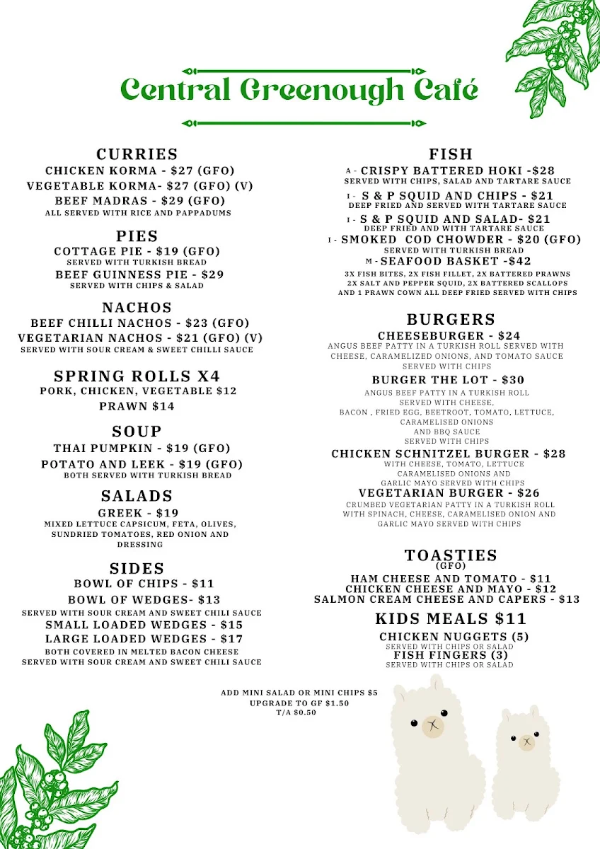 Menu, Central Greenough Cafe