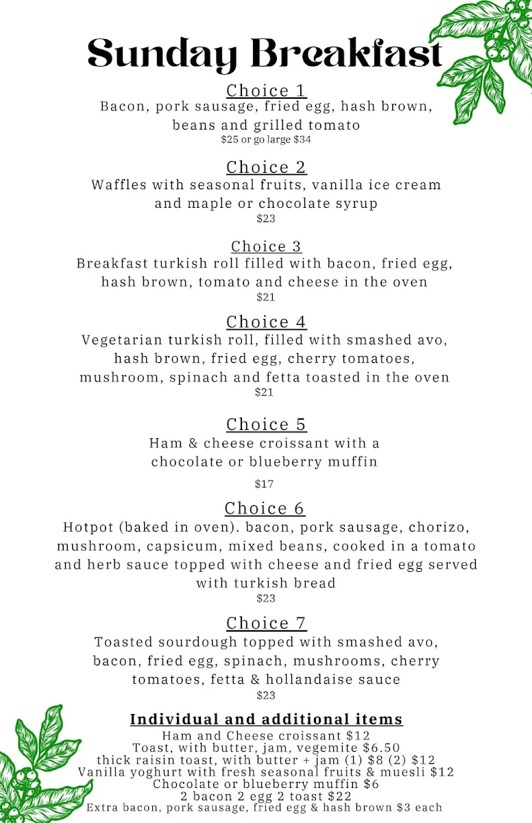 Menu, Central Greenough Cafe