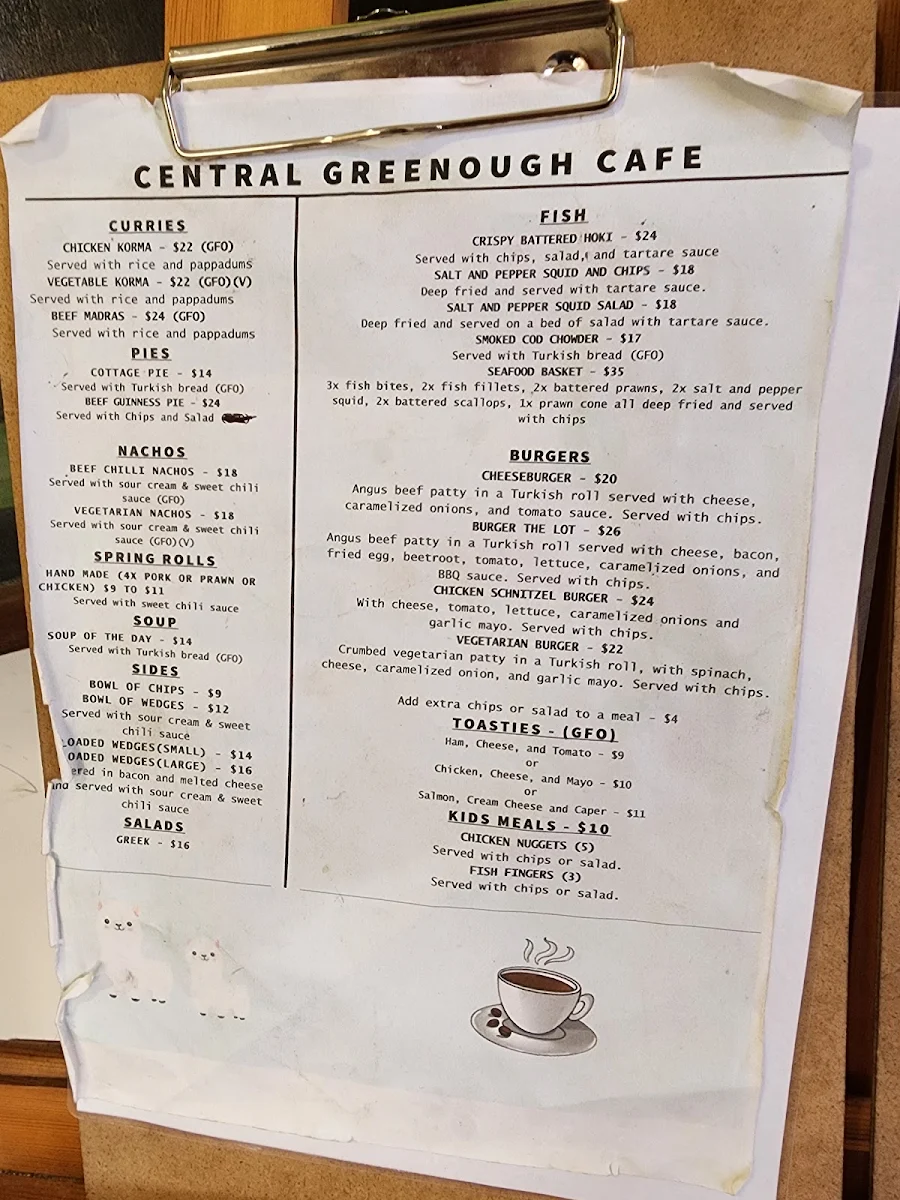 Menu, Central Greenough Cafe