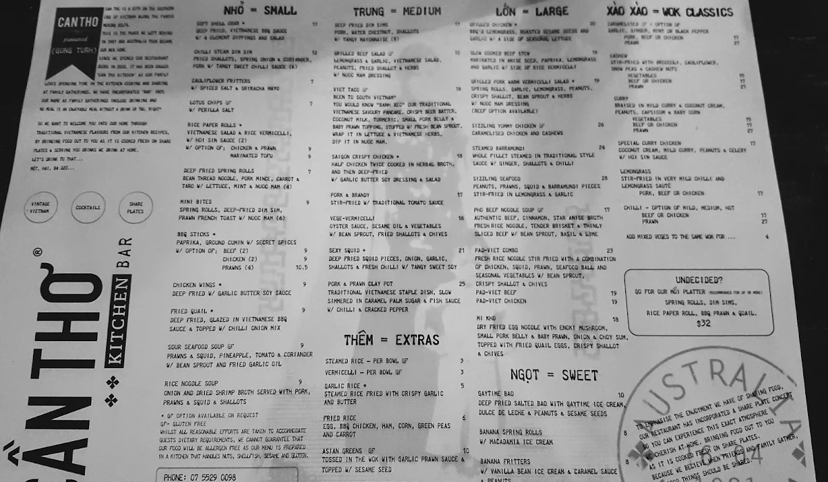 Menu, Can Tho Kitchen Bar