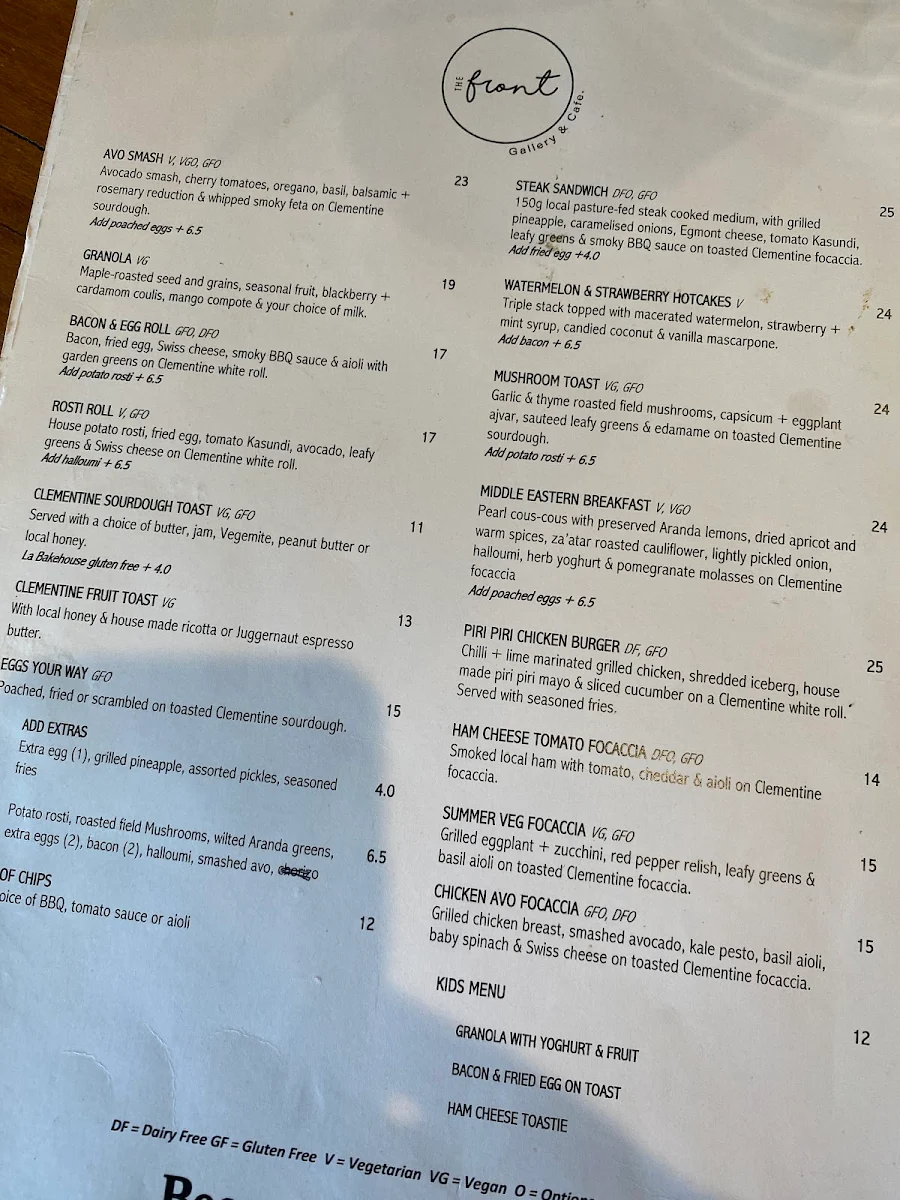 Menu, The Front Gallery & Cafe