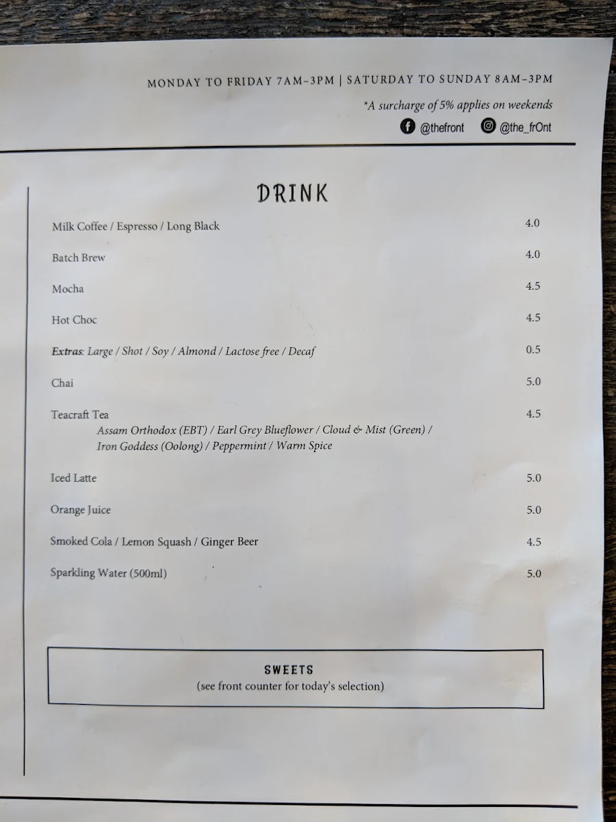 Menu, The Front Gallery & Cafe