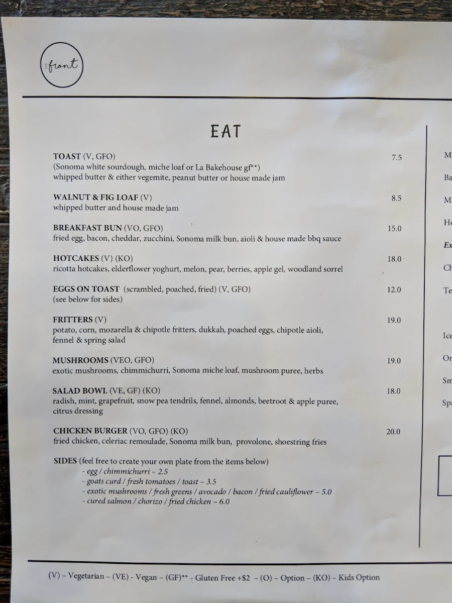 Menu, The Front Gallery & Cafe