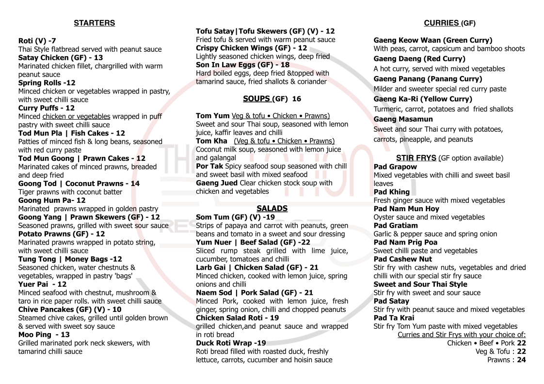 Menu, Thai Station Restaurant