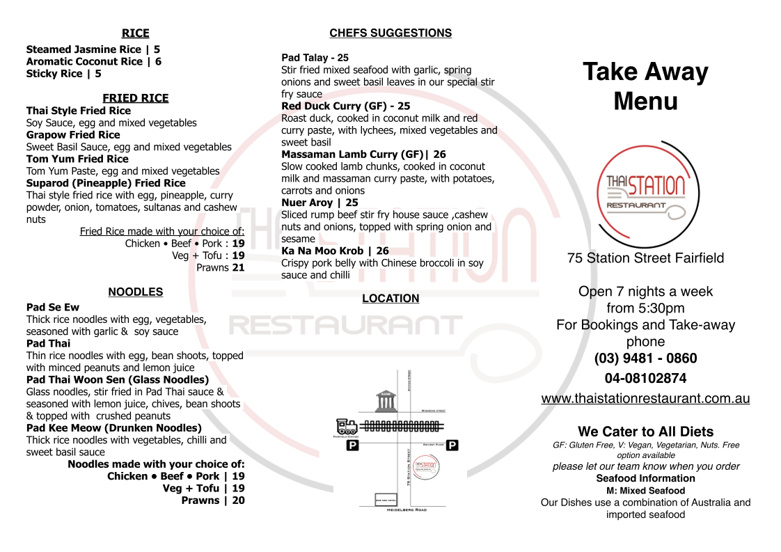 Menu, Thai Station Restaurant