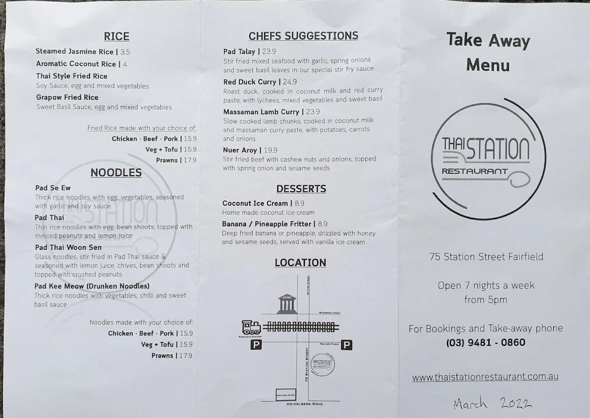 Menu, Thai Station Restaurant