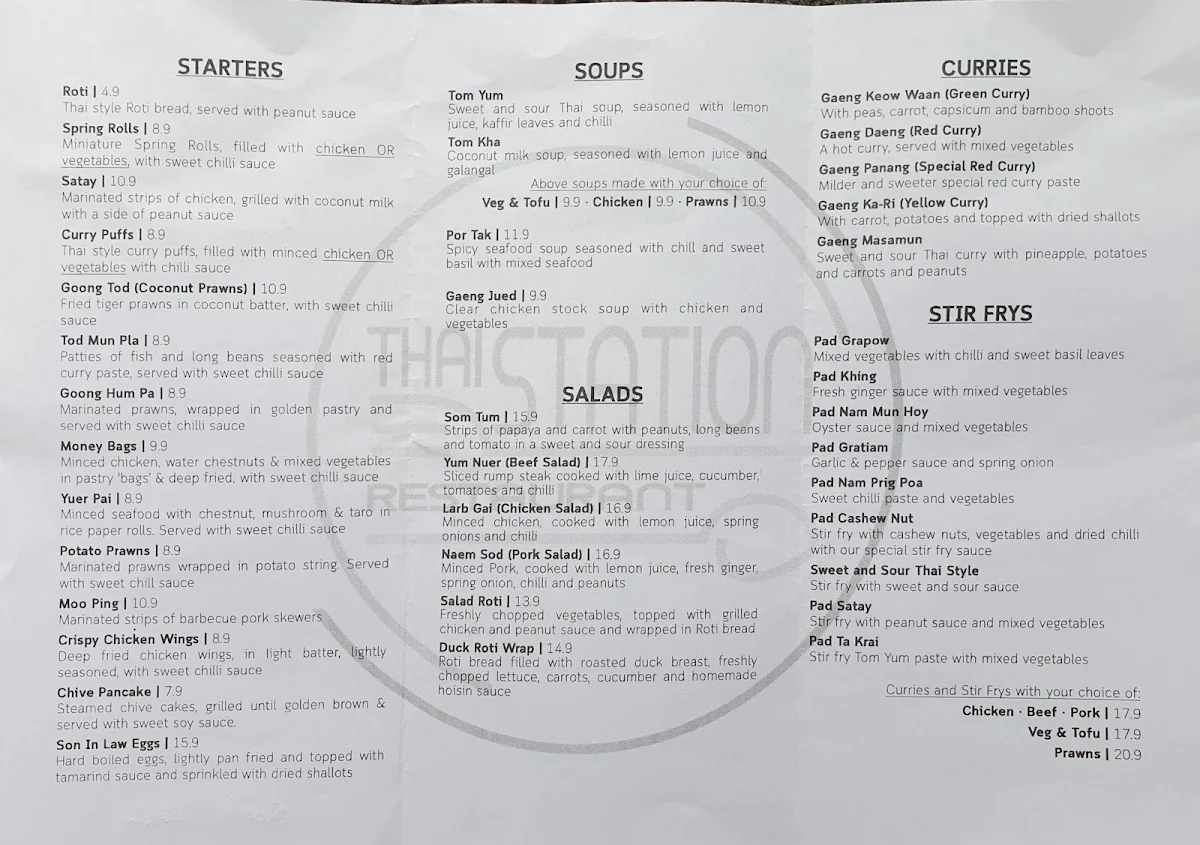 Menu, Thai Station Restaurant