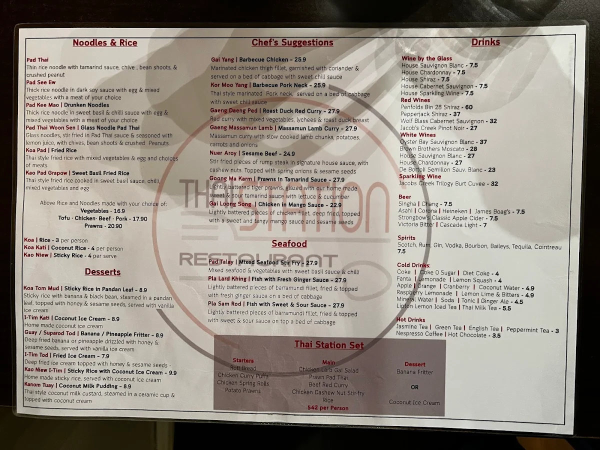 Menu, Thai Station Restaurant