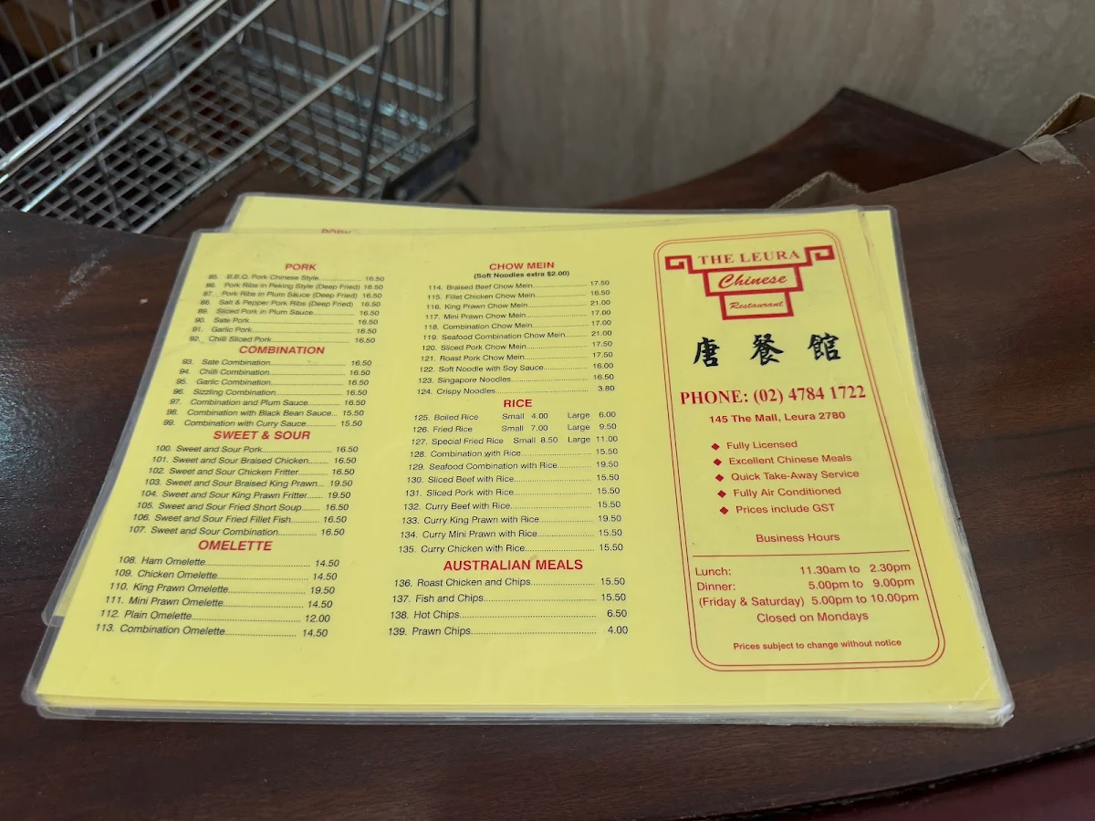 Menu, Leura Chinese Restaurant