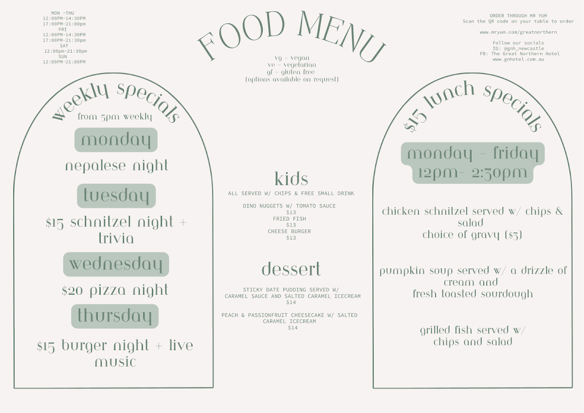 Menu, Great Northern Hotel Newcastle