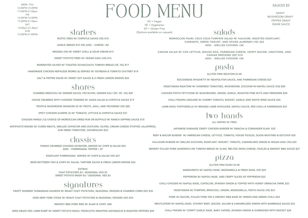 Menu, Great Northern Hotel Newcastle