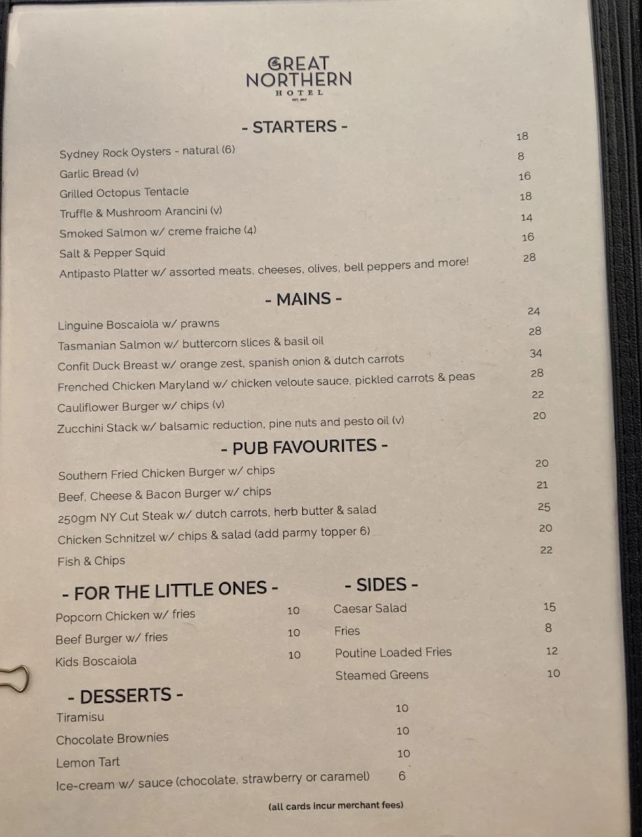 Menu, Great Northern Hotel Newcastle
