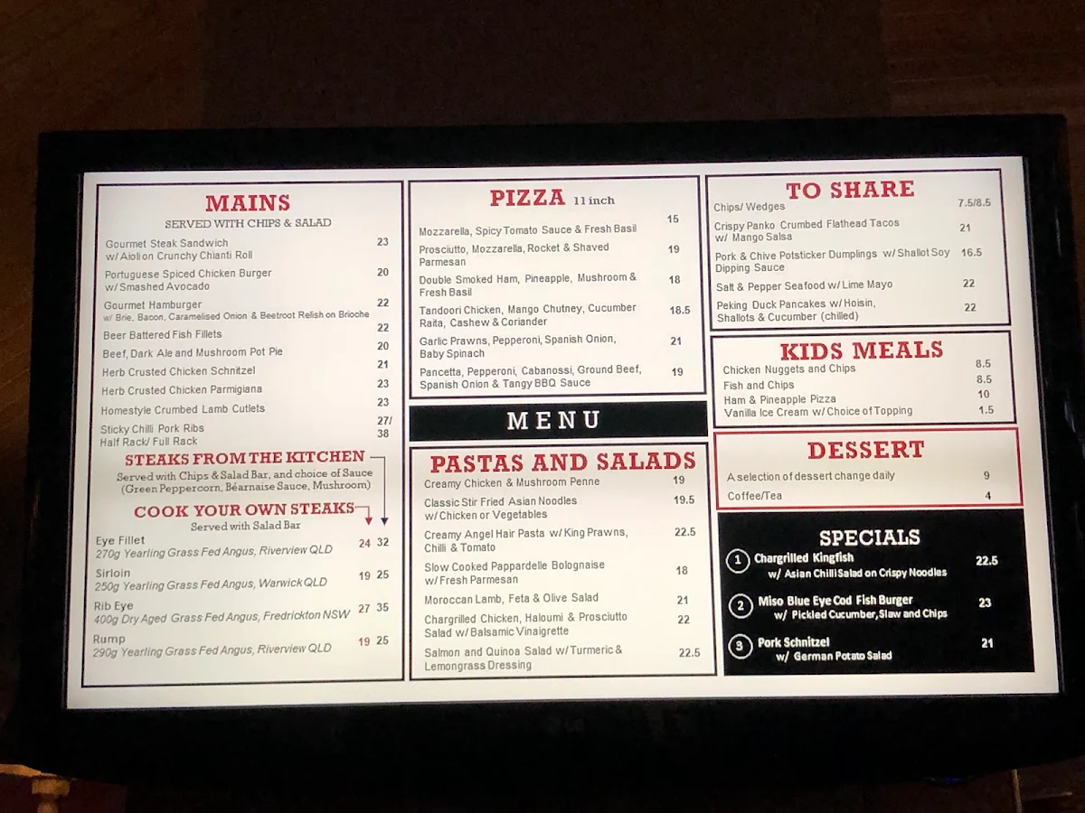 Menu, Great Northern Hotel Newcastle