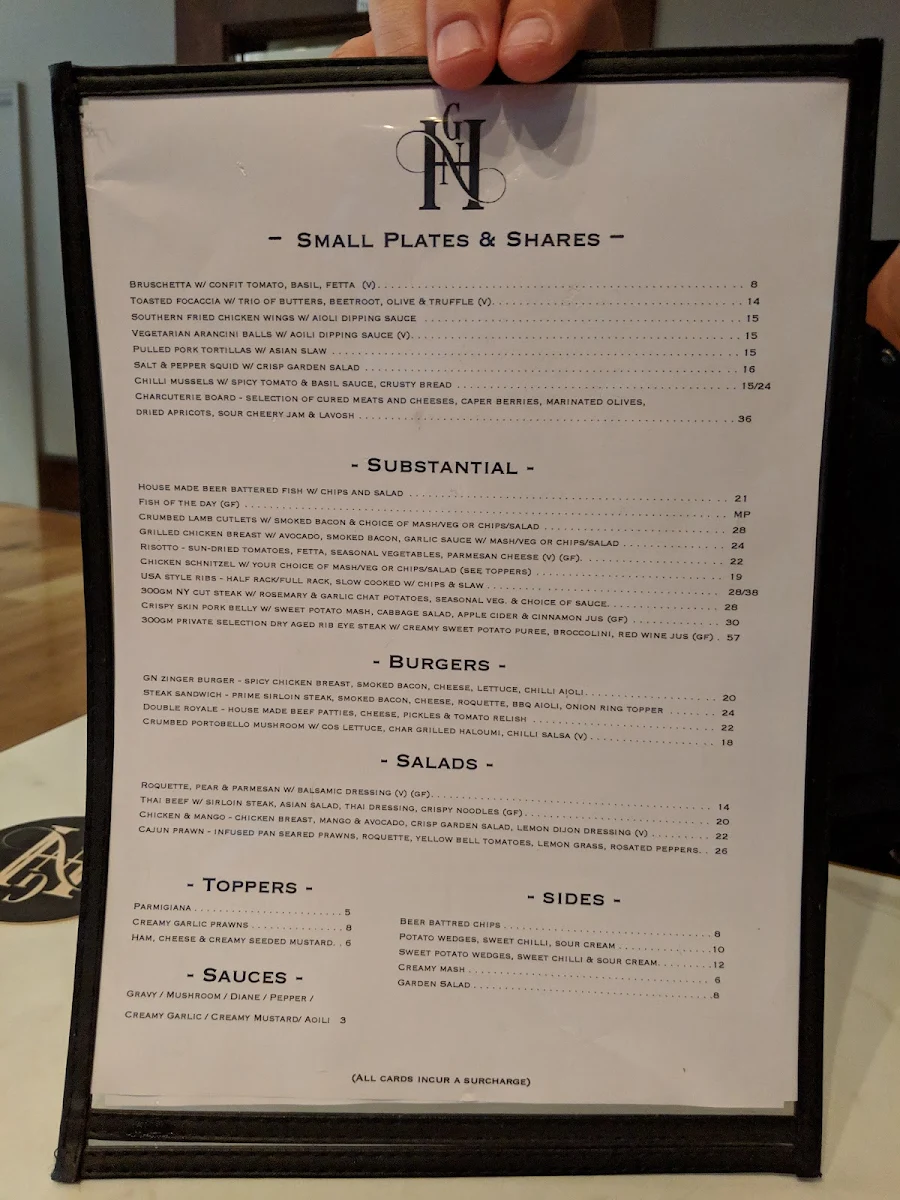 Menu, Great Northern Hotel Newcastle