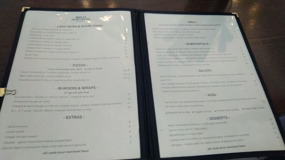 Menu, Great Northern Hotel Newcastle