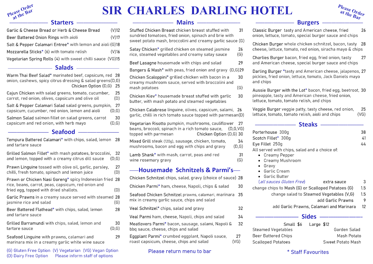 Menu, Sir Charles Darling Hotel