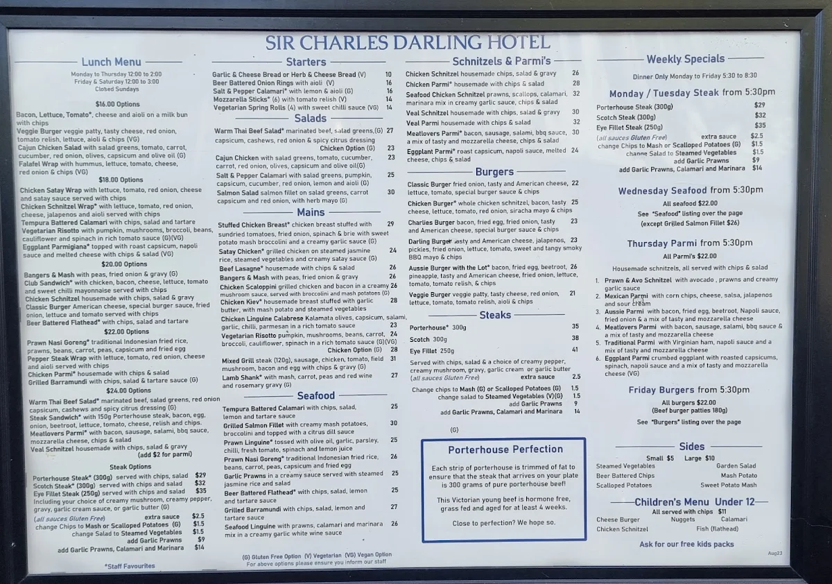Menu, Sir Charles Darling Hotel