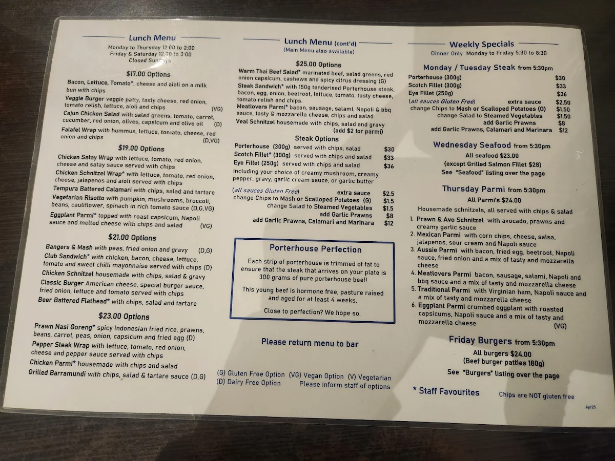 Menu, Sir Charles Darling Hotel