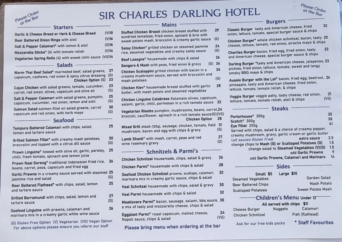 Menu, Sir Charles Darling Hotel