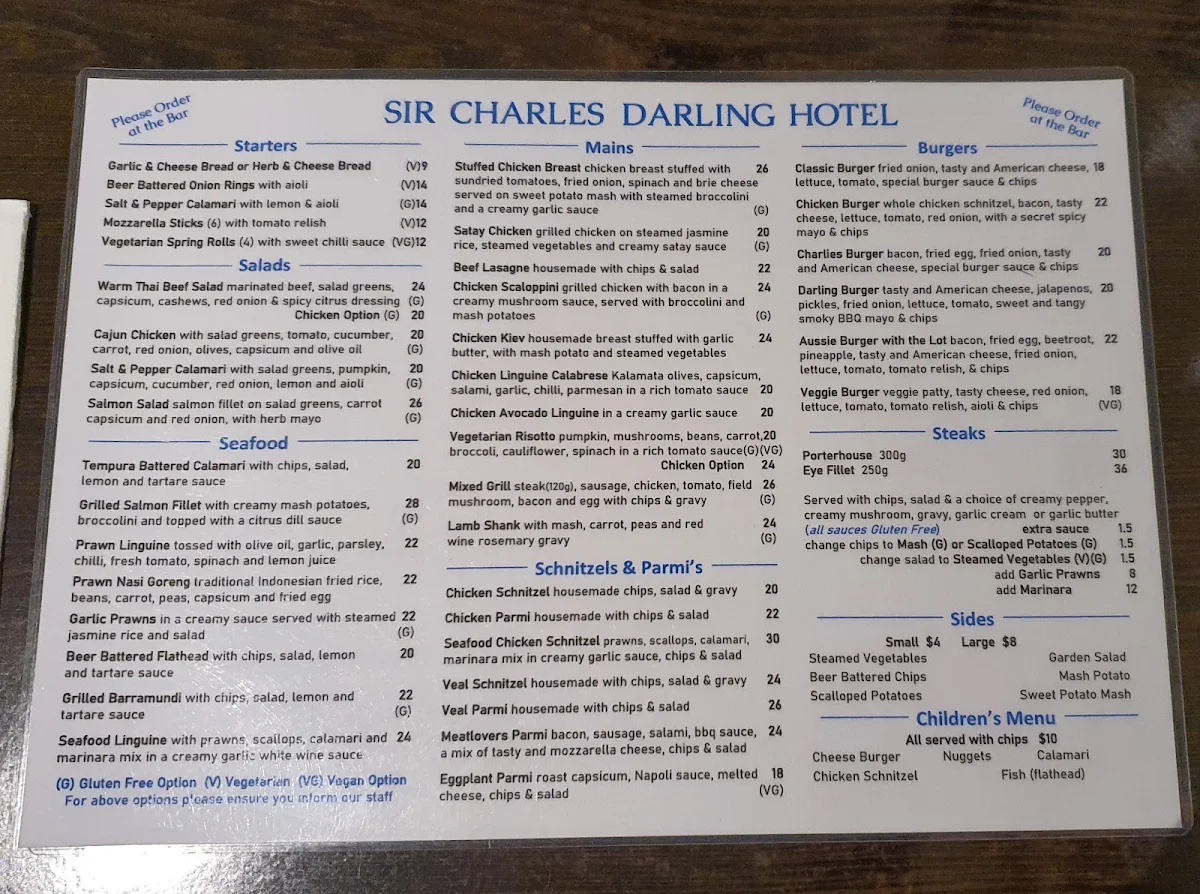 Menu, Sir Charles Darling Hotel
