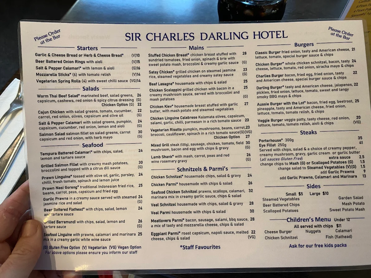 Menu, Sir Charles Darling Hotel