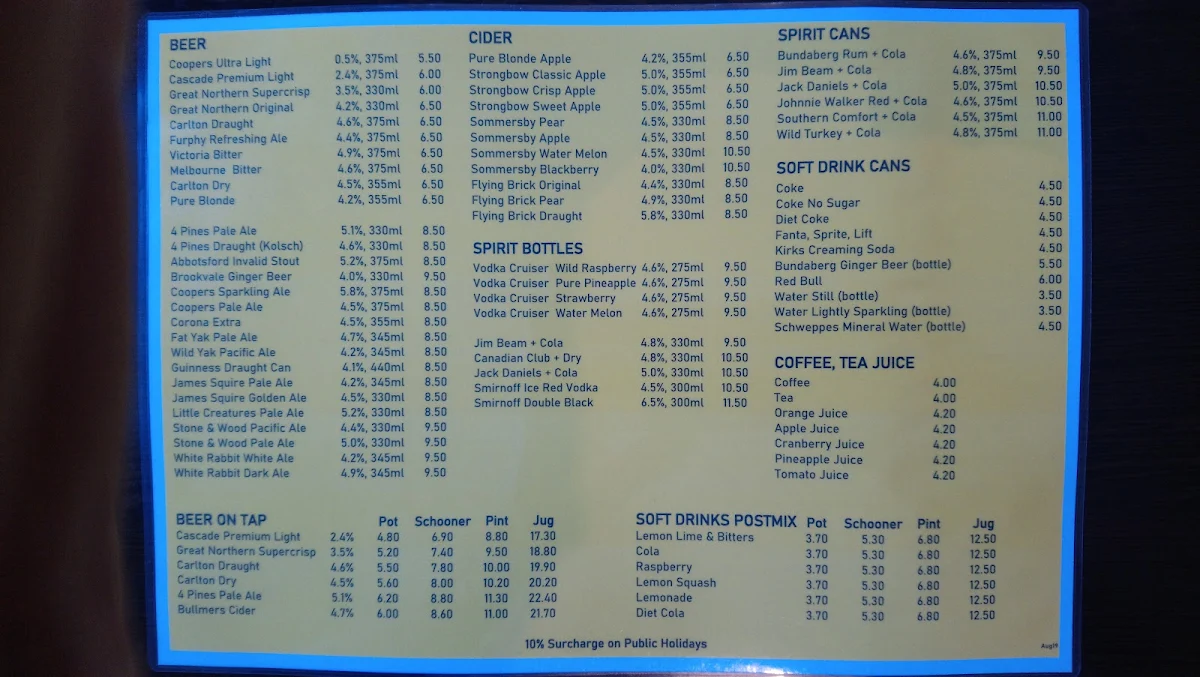 Menu, Sir Charles Darling Hotel