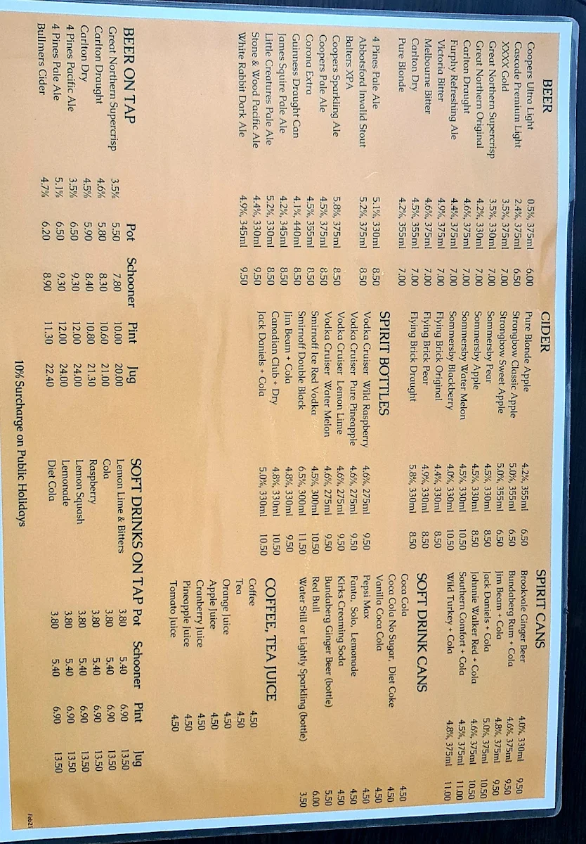Menu, Sir Charles Darling Hotel
