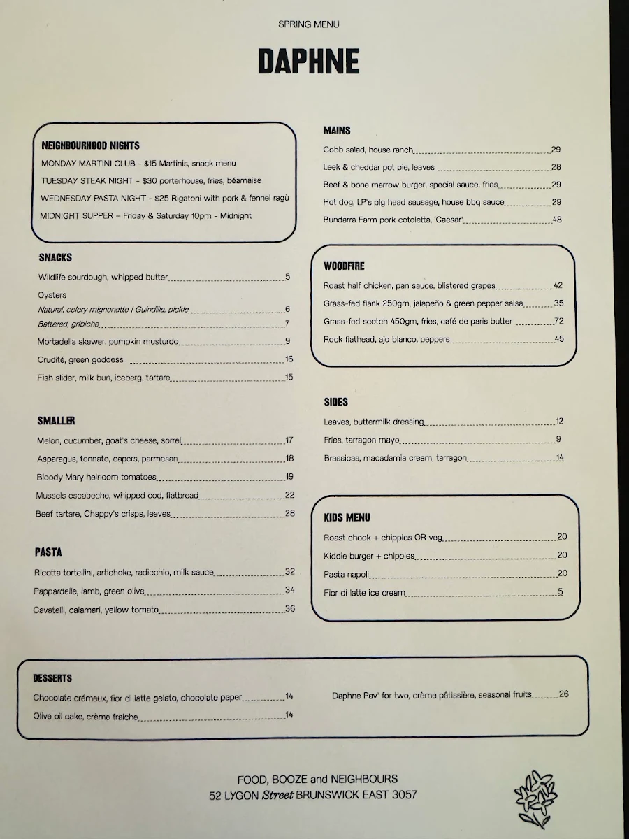 Menu, Daphne