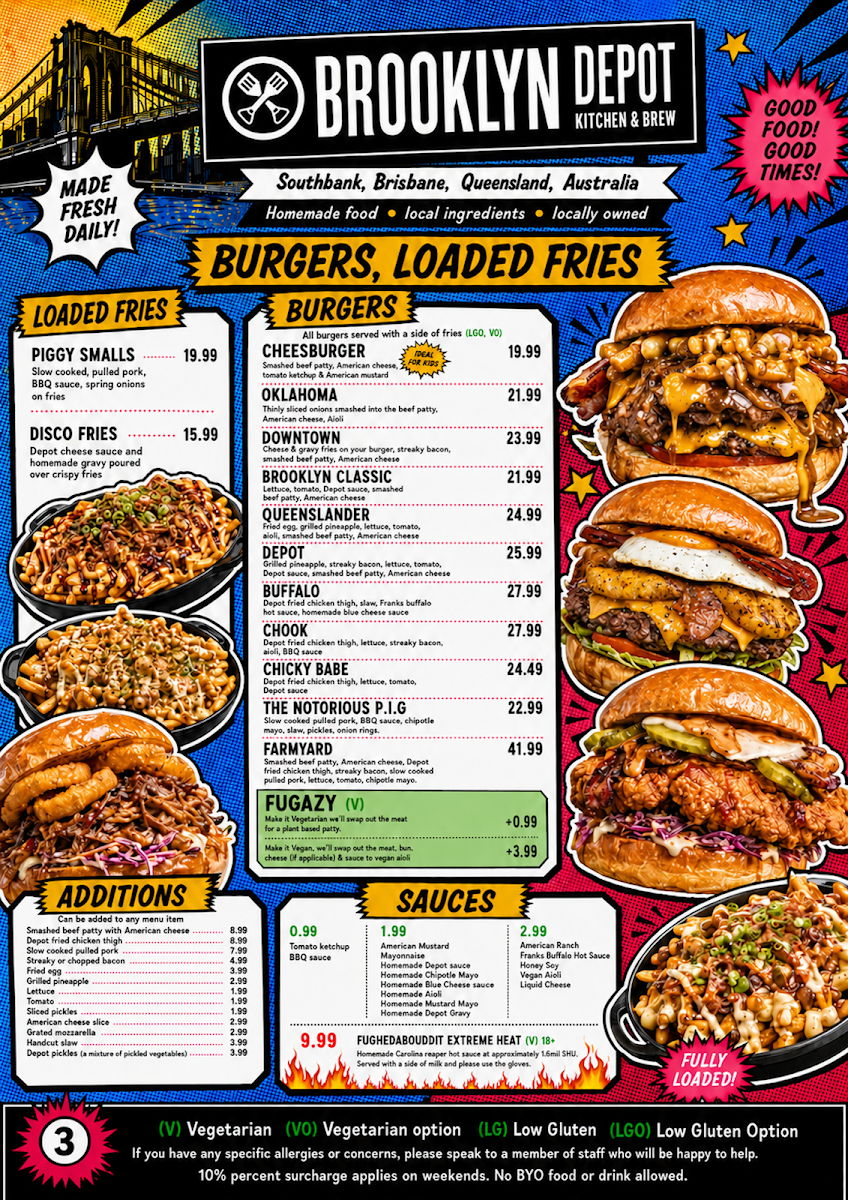 Menu, Brooklyn Depot, Southbank, Brisbane